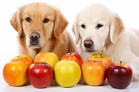 Two golden retriever dogs and apples isolated on a white background.の素材