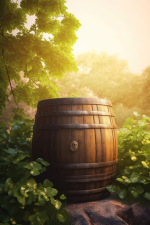 Wooden barrel on the background of the vineyard in the summerの素材