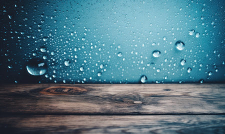 Wooden table with water drops on blue background. Rainy dayの素材