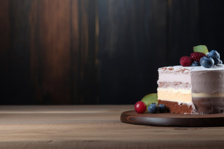 Chocolate cake with berries on a wooden background. Copy space.の素材