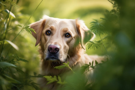 Portrait of a Golden Retriever dog in the grass.の素材