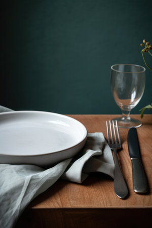Empty plate and cutlery on a wooden table with green backgroundの素材