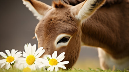 Donkey with daisies in the meadow, close upの素材