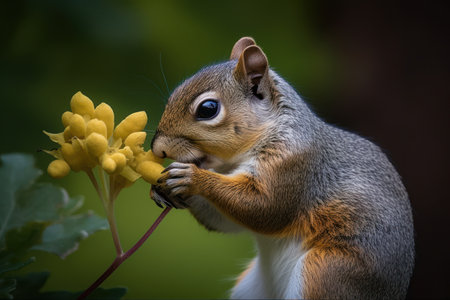Close up of a grey squirrel eating a yellow flower in a parkの素材