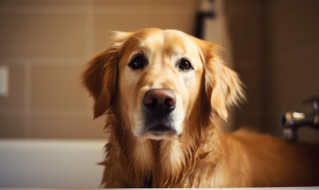 Cute golden retriever dog taking a bath in the bathroom.の素材