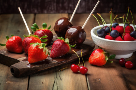 Strawberries and cherries dipped in chocolate on a wooden boardの素材