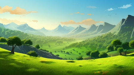 Beautiful landscape with mountains and meadow. Digital art illustration.の素材