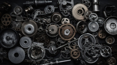 Gears and cogwheels on a dark wooden background. Toned.の素材