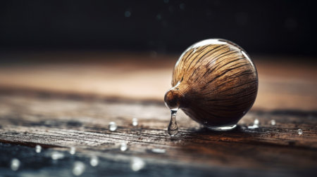 A drop of water falls on a wooden surface. Selective focus.の素材