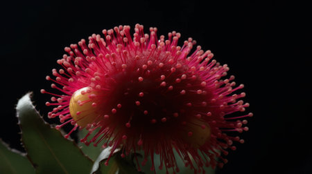 Eucalyptus red flower on a black background close upの素材