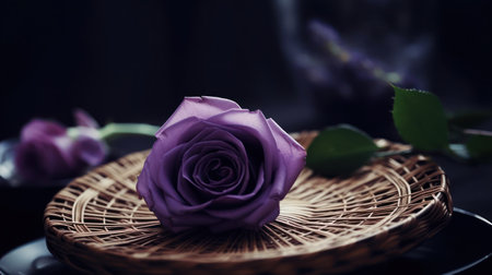 Purple rose in a basket on a wooden table with dark backgroundの素材