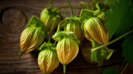 Beautiful yellow flowers of physalis on a dark wooden background.の素材
