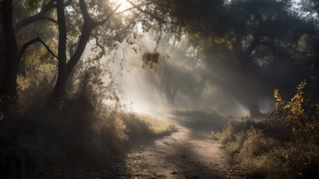 Foggy morning in the oak grove in the autumn seasonの素材