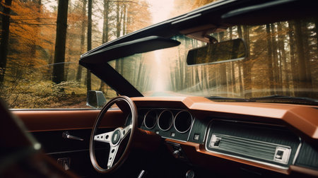 View of the interior of a modern car in the autumn forest.の素材