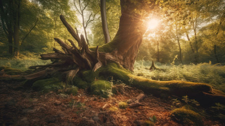 Autumn forest with trees and sunbeams - panoramic imageの素材