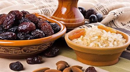Raisins, raisins, dates and almonds in ceramic bowlsの素材