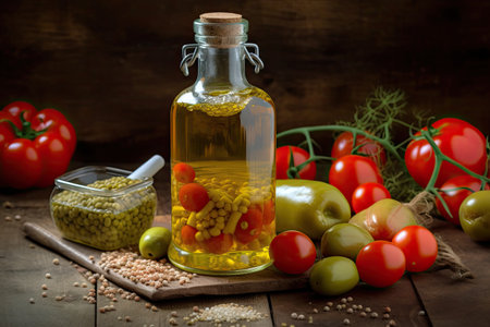 Vegetable oil in a glass bottle on a wooden background.の素材
