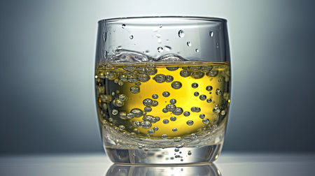 Whiskey with bubbles in a glass on a gray background.の素材