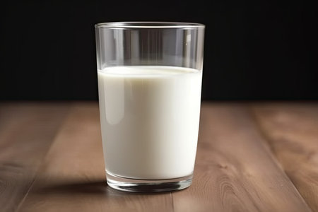 A glass of milk on a wooden table against a black background.の素材