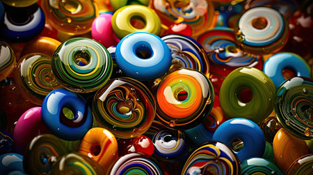 Colorful glass beads of various shapes and sizes. Abstract background.の素材