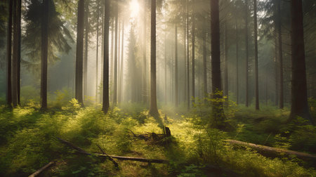 Misty morning in the forest with sun rays passing through the treesの素材