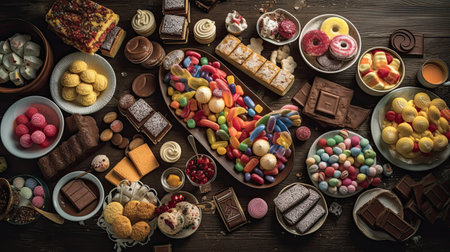 Assortment of delicious candies on wooden table. Top view.の素材