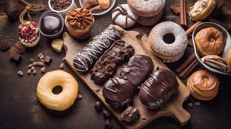 Chocolate donuts with icing sugar and sprinkles on wooden backgroundの素材