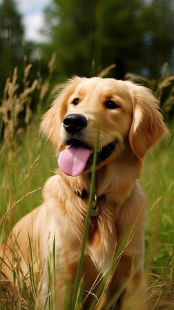 Golden Retriever in the grass on a sunny summer day.の素材