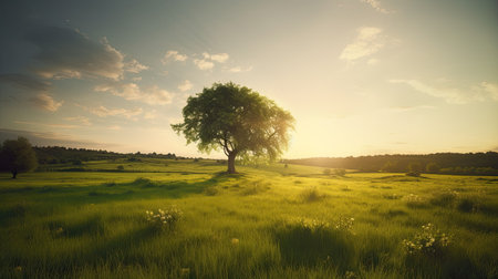 Lonely tree in the meadow at sunset. Vintage style.の素材