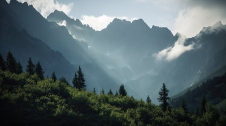 Mountain landscape with fog and clouds. Caucasus, Dombay.の素材