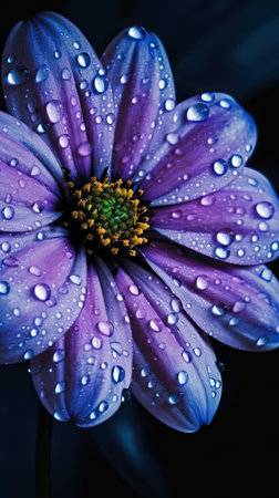 Close up of a purple daisy with water drops on it.の素材