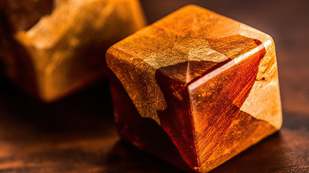 Closeup of a brown wooden cube on a dark wooden background.の素材