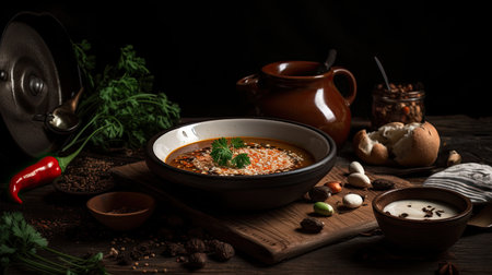 Spicy soup with lentils and parsley in a ceramic bowlの素材