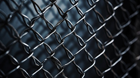 Closeup of a chain link fence on a dark blue background.の素材