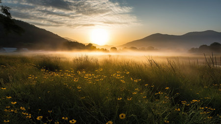Sunrise in the mountains with fog and yellow flowers in the foregroundの素材