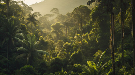 Tropical rainforest with palm trees and sunlight in the morningの素材