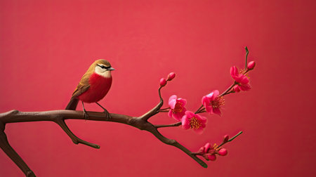 Beautiful bird on a branch with pink flowers on a red backgroundの素材
