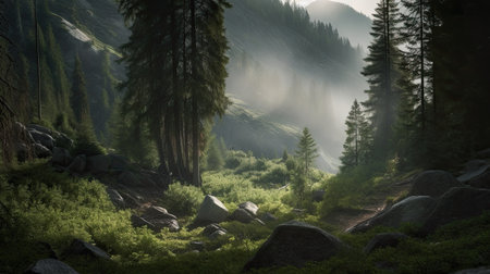 Mountain landscape with coniferous forest in the misty morningの素材