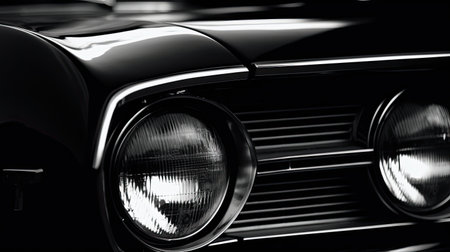 Detail of the headlight of a classic car. Black and whiteの素材