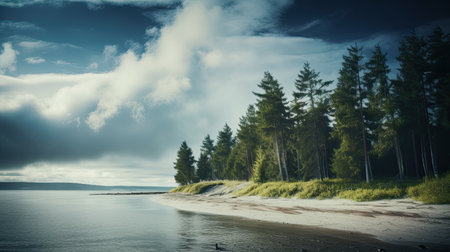 Baltic sea coast with sand dunes and pine trees. Dramatic overcast sky. Toned.の素材