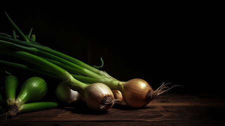 Onions and green onions on a wooden table. Black background.の素材