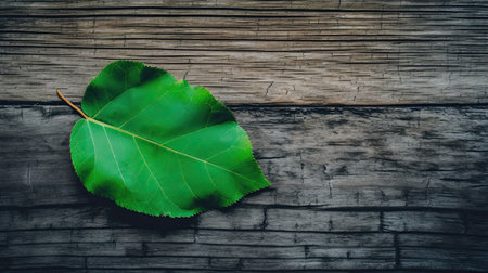 Green leaf on wooden background, top view, copy space for textの素材