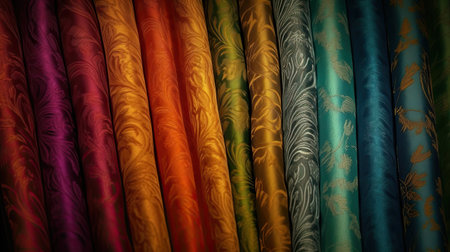 Multicolored silk scarves for sale in a shop window.の素材