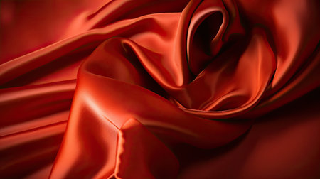Closeup of rippled red satin fabric, abstract backgroundの素材