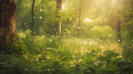 Bubbles in the forest with sunbeams and lens flareの素材