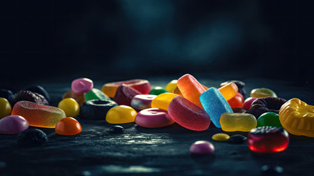 Colorful candies on dark wooden background, shallow depth of fieldの素材