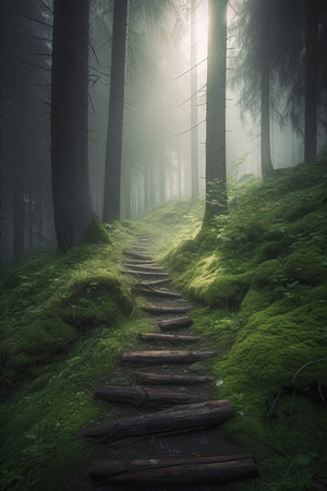 Staircase in the forest with fog in the background. Dark moody image.の素材