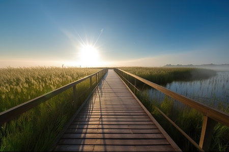 Wooden boardwalk through a misty lake at sunrise in summerの素材