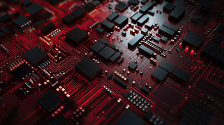 Circuit board close-up. Technology background. 3D renderingの素材