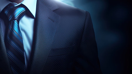 Businessman in suit with blue tie on dark background close-upの素材